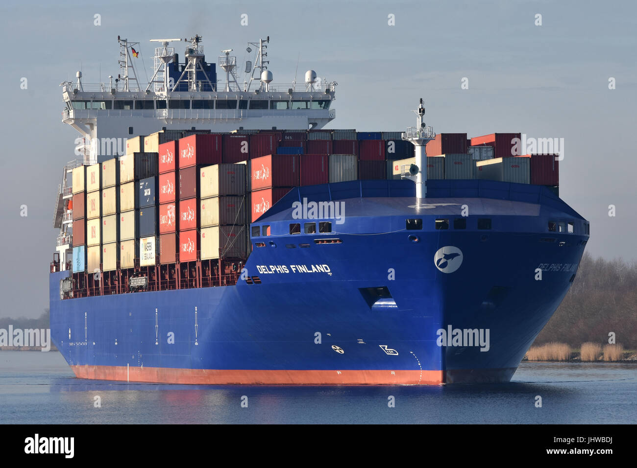 Kiel-Canal-Max containerfeeder Delphis Finland, maiden voyage in the Kiel Canal Stock Photo