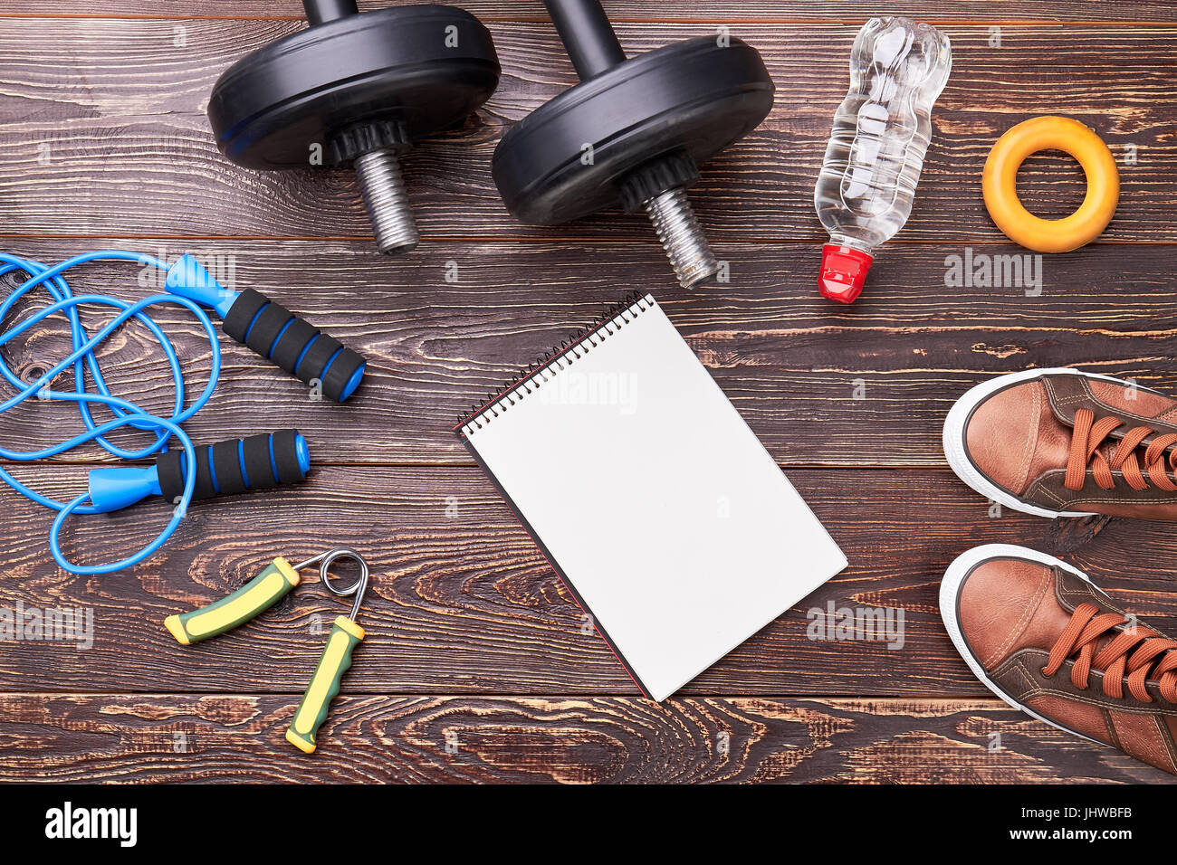 Gym equipment, notebook with copy space Stock Photo Alamy