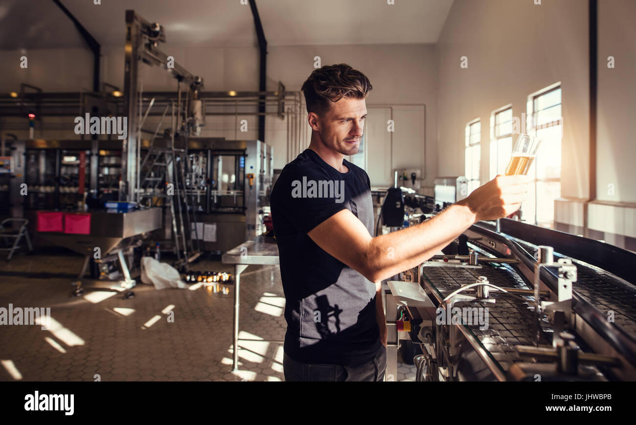 Young man working at small craft beer making factory and checking the quality of beer. Young businessman testing the beer at brewery. Stock Photo