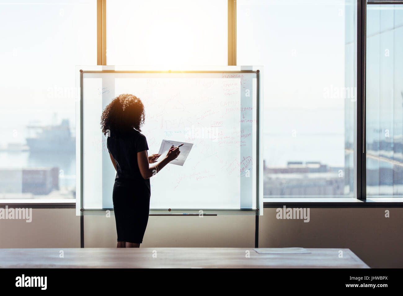 Business Woman Explain At The Huge Whiteboard Stock Photo, Picture