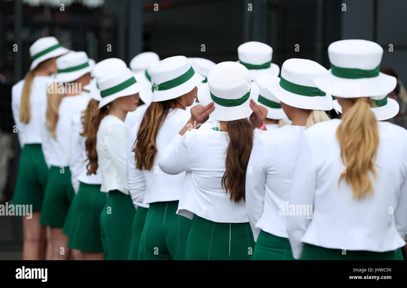 Hospitality Girls line up during the 2017 British Grand Prix at