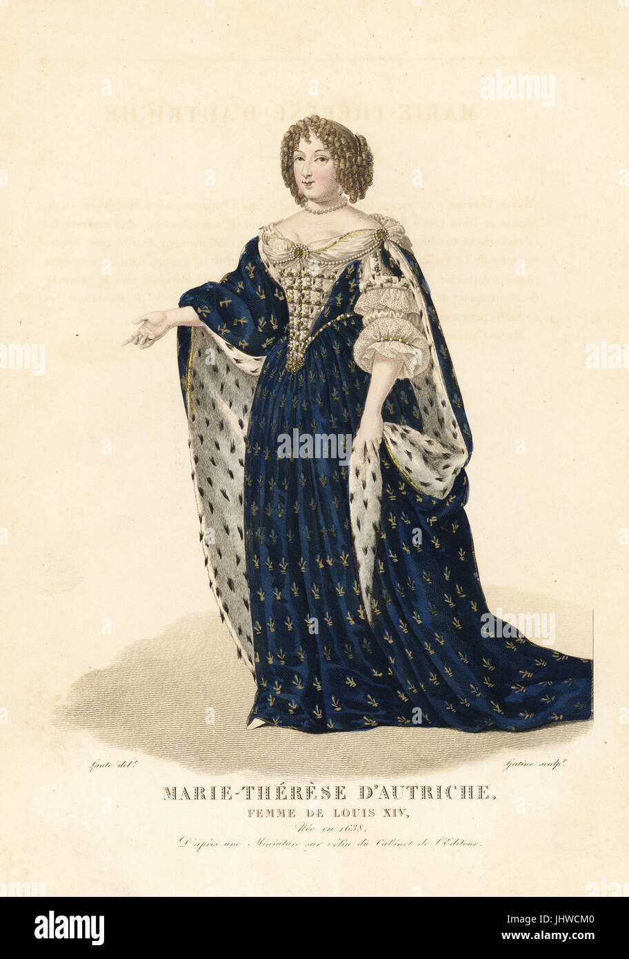 Maria Theresa of Spain, Queen of France, wife of King Louis XIV of France, 1638-1683. She wears her hair in ringlets, a pearl choker, a dress in blue velvet decorated with fleurs de lys and lined with ermine, lace sleeves, quilted bodice decorated with pearls. After a miniature in the editor's collection. Handcoloured copperplate engraving by Georges Jacques Gatine after an illustration by Louis Marie Lante from Galerie Francaise de Femmes Celebres, Paris, 1827. Stock Photo