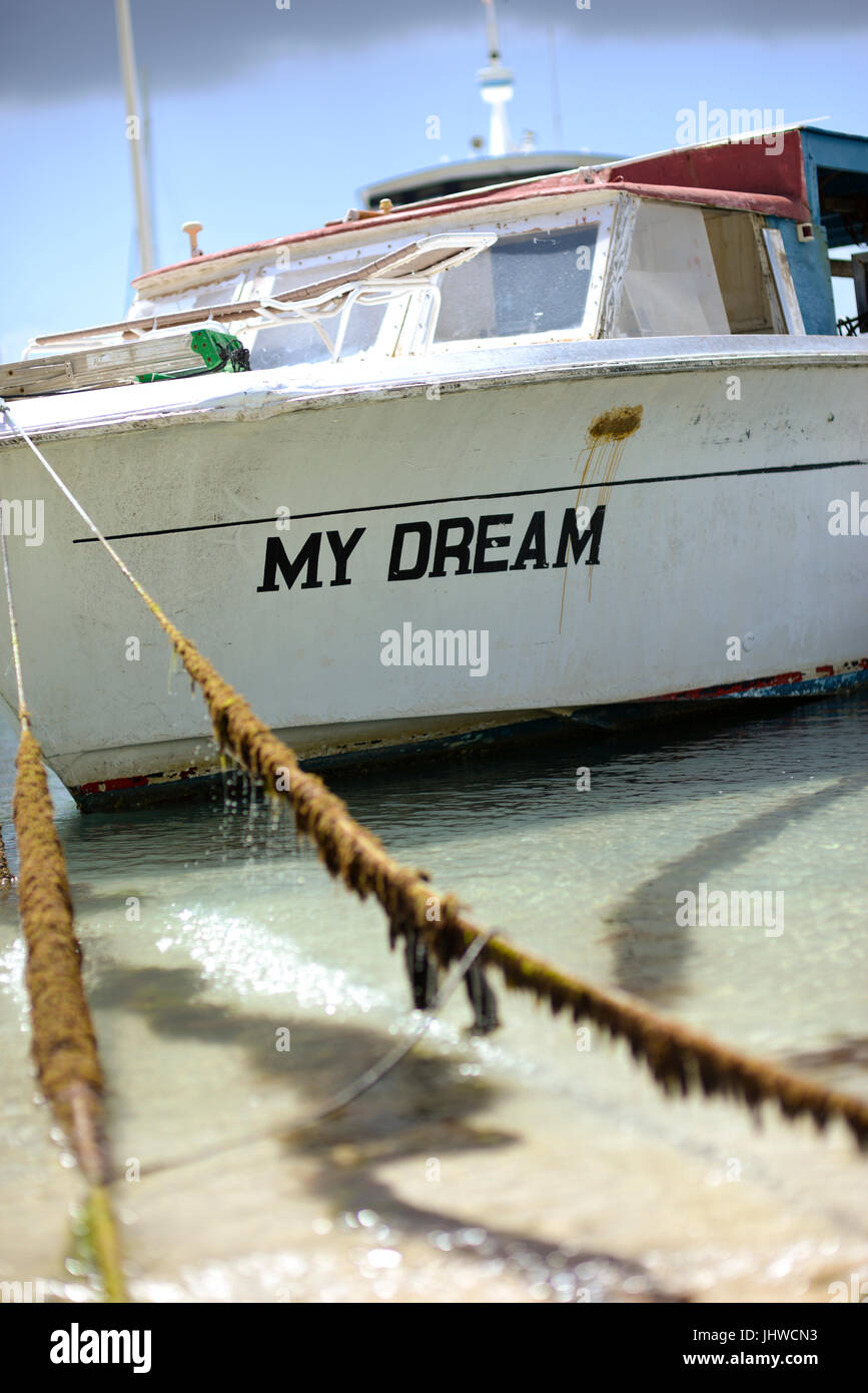 small boat called 'my dream' moored in phillipsburg, st maarten, caribbean Stock Photo