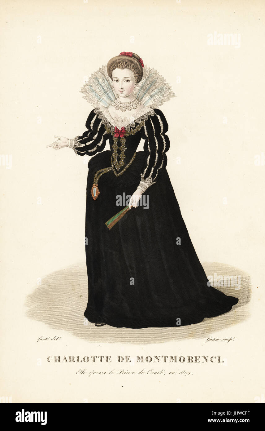 Charlotte de Montmorenci, wife to Henri de Bourbon, Prince of Conde, 1594-1650. She wears her hair tied up with ribbons, an upright lace collar, pearl necklaces, dress with embroidered corset, slashed sleeves, French farthingale or clamshell vertugadin, and long skirt. Handcoloured copperplate engraving by Georges Jacques Gatine after an illustration by Louis Marie Lante from Galerie Francaise de Femmes Celebres, Paris, 1827. Stock Photo