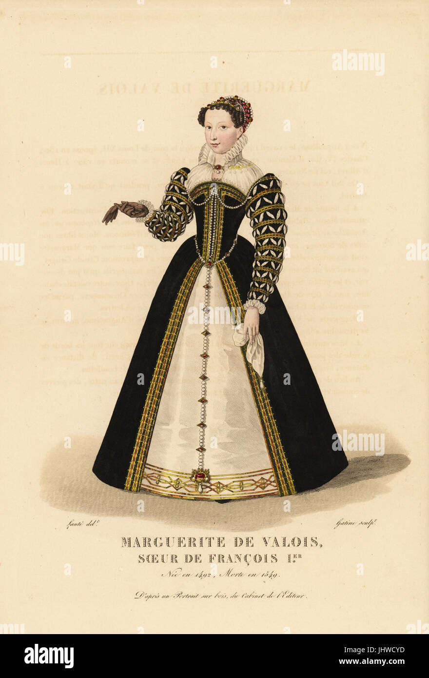 Marguerite de Navarre, sister of King Francis I, 1492-1549. (Titled Margurite de Valois in error.) She wears a cap of ribbons decorated with jewels and pearls, a dress with puffed and slashed sleeves, tight bodice, ruff collar, and front opening to reveal an embroidered petticoat. After a painting on wood in the editor's collection. Handcoloured copperplate engraving by Georges Jacques Gatine after an illustration by Louis Marie Lante from Galerie Francaise de Femmes Celebres, Paris, 1827. Stock Photo