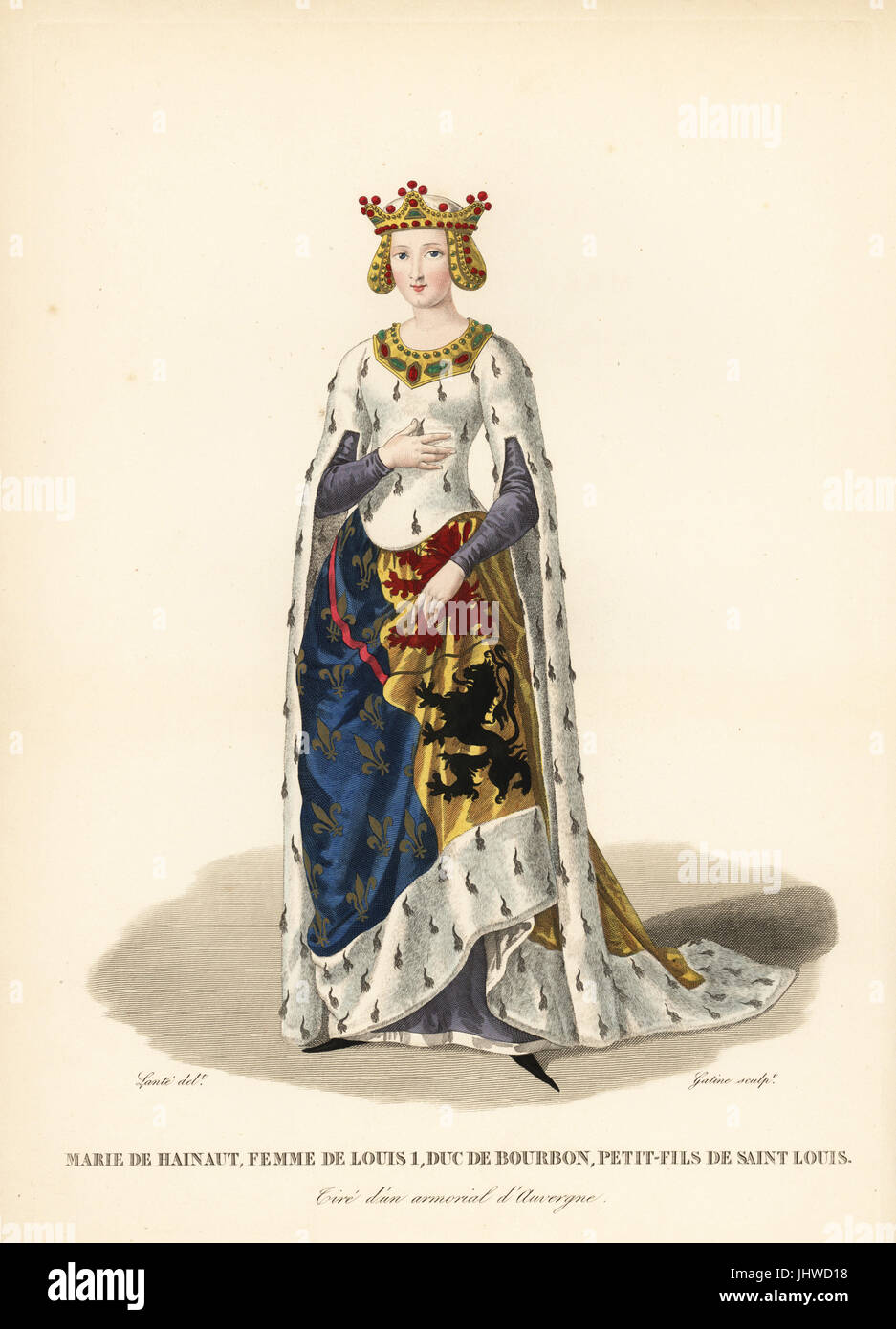Marie of Hainaut, wife of Louis I, Duke of Bourbon, 1280-1354. She wears a crown with ear pieces, a rich armorial robe with ermine bodice and sleeves, coat of arms skirt (her husband's fleurs de lys blazon with the red lion of Holland and the black lion of Flandres), over a petticoat, crakows or poulaines. From an ancient armorial of Auvergne. Handcoloured copperplate engraving by Georges Jacques Gatine after an illustration by Louis Marie Lante from Galerie Francaise de Femmes Celebres, Paris, 1827. Stock Photo