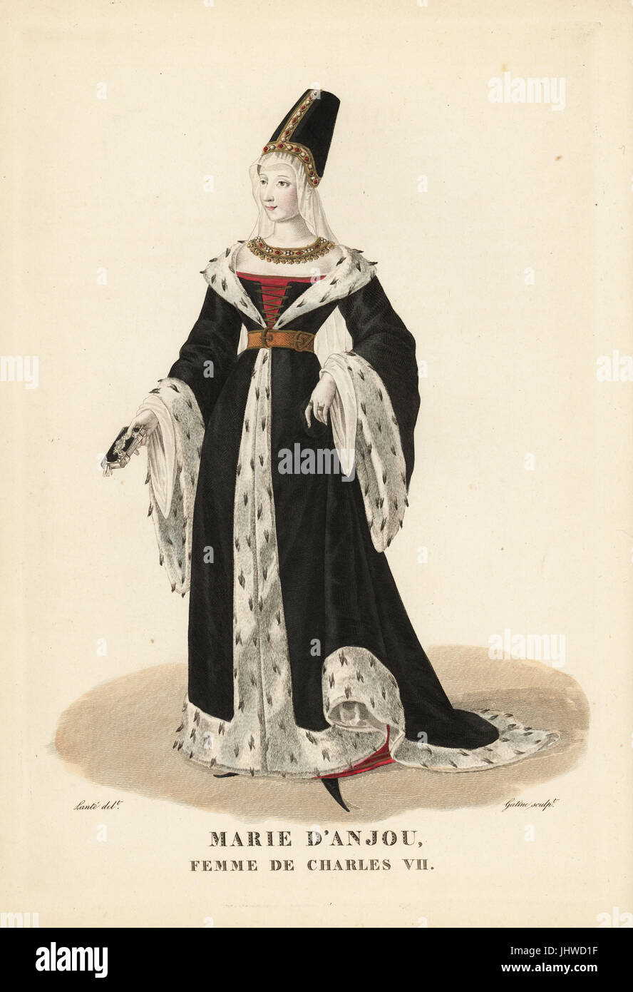 Marie of Anjou, Queen of France, wife of King Charles VII. She wears a truncated hennin, jeweled necklace, and black velvet robe lined with ermine, crakows or poulaines. Handcoloured copperplate engraving by Georges Jacques Gatine after an illustration by Louis Marie Lante from Galerie Francaise de Femmes Celebres, Paris, 1827. Stock Photo