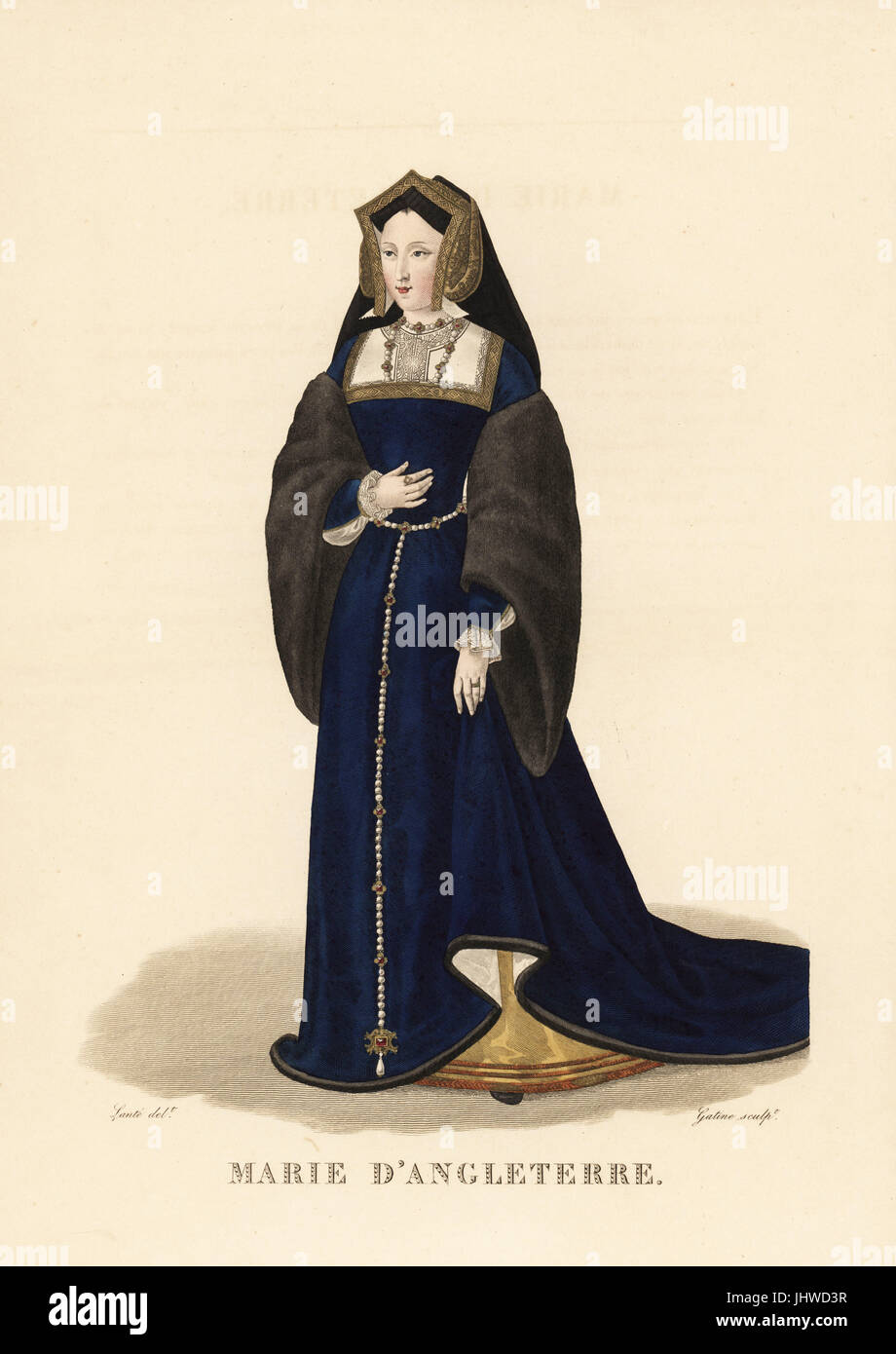 Mary Tudor, daughter of Henry VII of England, queen to King Louis XII of France, 1496-1533. She wears a gable hood, a blue velvet surtout trimmed with gold embroidery, fur sleeves called rebras, a jeweled belt, and Venetian flat shoes called pianelles. Handcoloured copperplate engraving by Georges Jacques Gatine after an illustration by Louis Marie Lante from Galerie Francaise de Femmes Celebres, Paris, 1827. Stock Photo