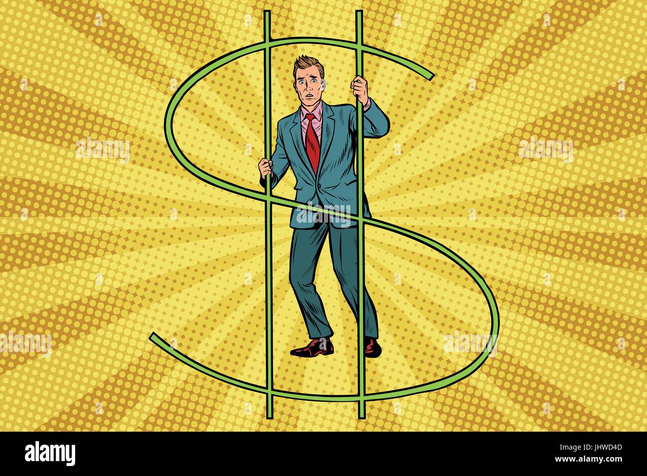 businessman behind bars money. Financial crime. Pop art retro vector illustration Stock Vector