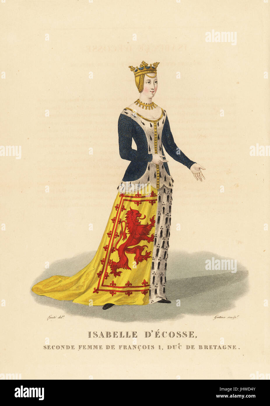 Isabella Stewart, Isabel of Scotland, second wife of Francis I, Duke of Brittany. In armorial robe with coat of arms of Scotland (red lion rampant with double tressure) and Brittany (ermine). She wears a crown, gold necklace, and ermine trimmed surtout. Handcoloured copperplate engraving by Georges Jacques Gatine after an illustration by Louis Marie Lante from Galerie Francaise de Femmes Celebres, Paris, 1827. Stock Photo