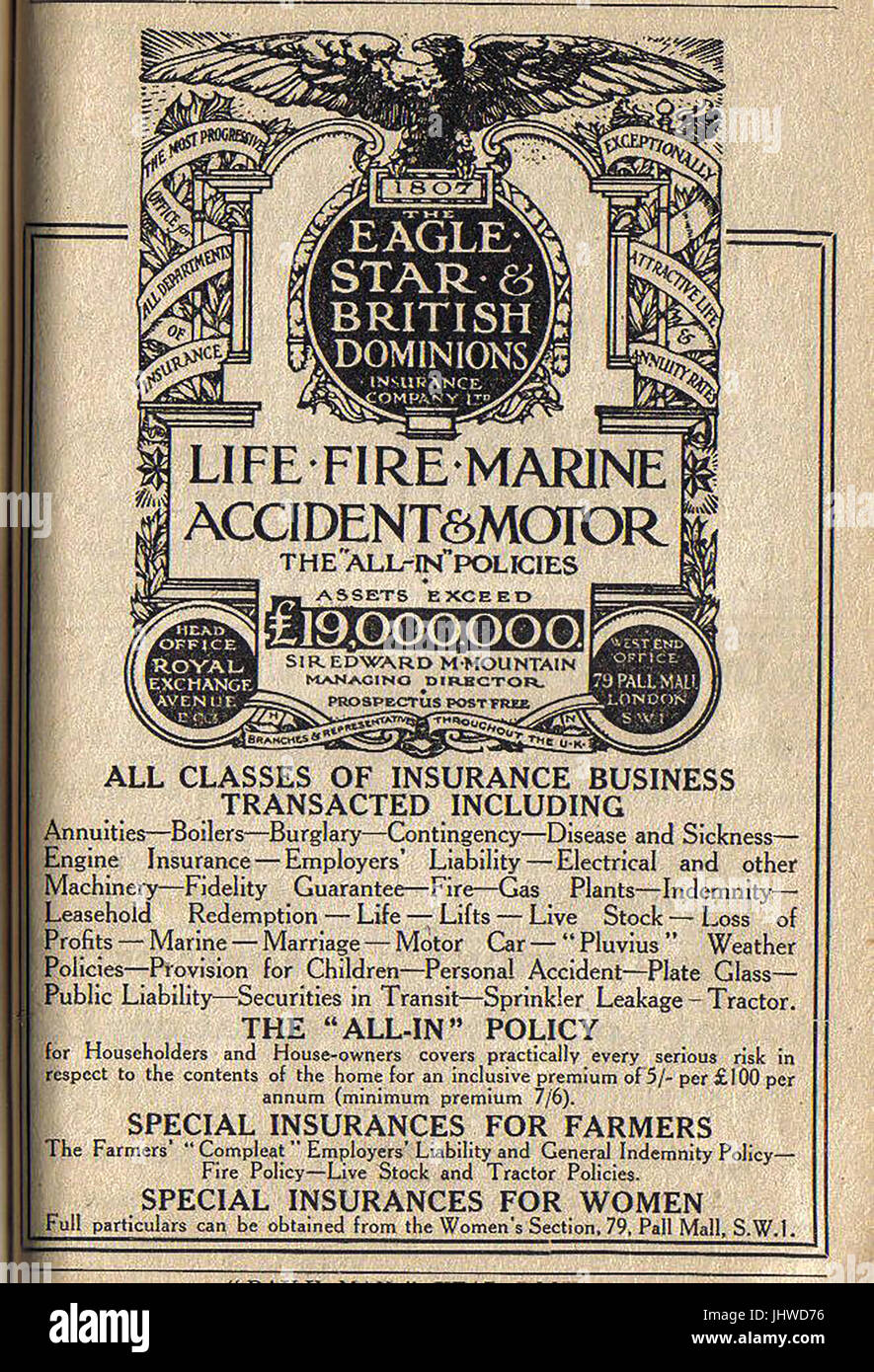 Eagle Star and British Dominions Insurance advert 1922 Stock Photo