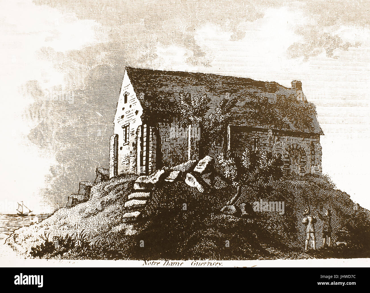 1775 print depicting church or chapel of notre dame, Guernsey, Channel Isles Stock Photo