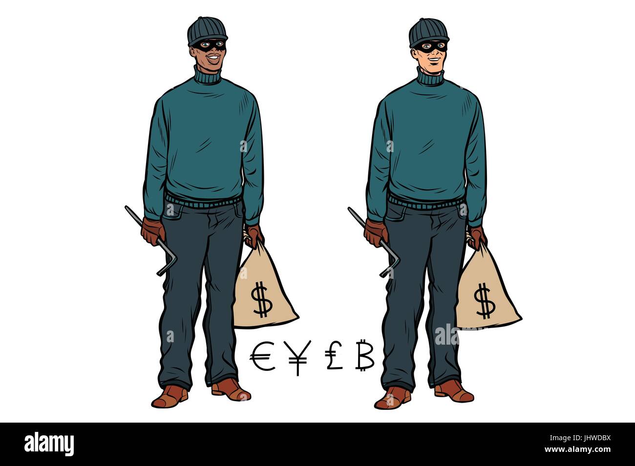 African Caucasian thief robber dollar Euro pound yen bitcoin. Pop art retro vector illustration Stock Vector