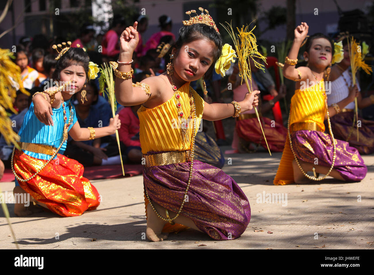 Thai children perform a tradition dance during an assembly for exercise Cobra Gold February 17, 2017 in Ban Non Lueam, Korat Province, Thailand.     (photo by Maximiliano Rosas  via Planetpix) Stock Photo
