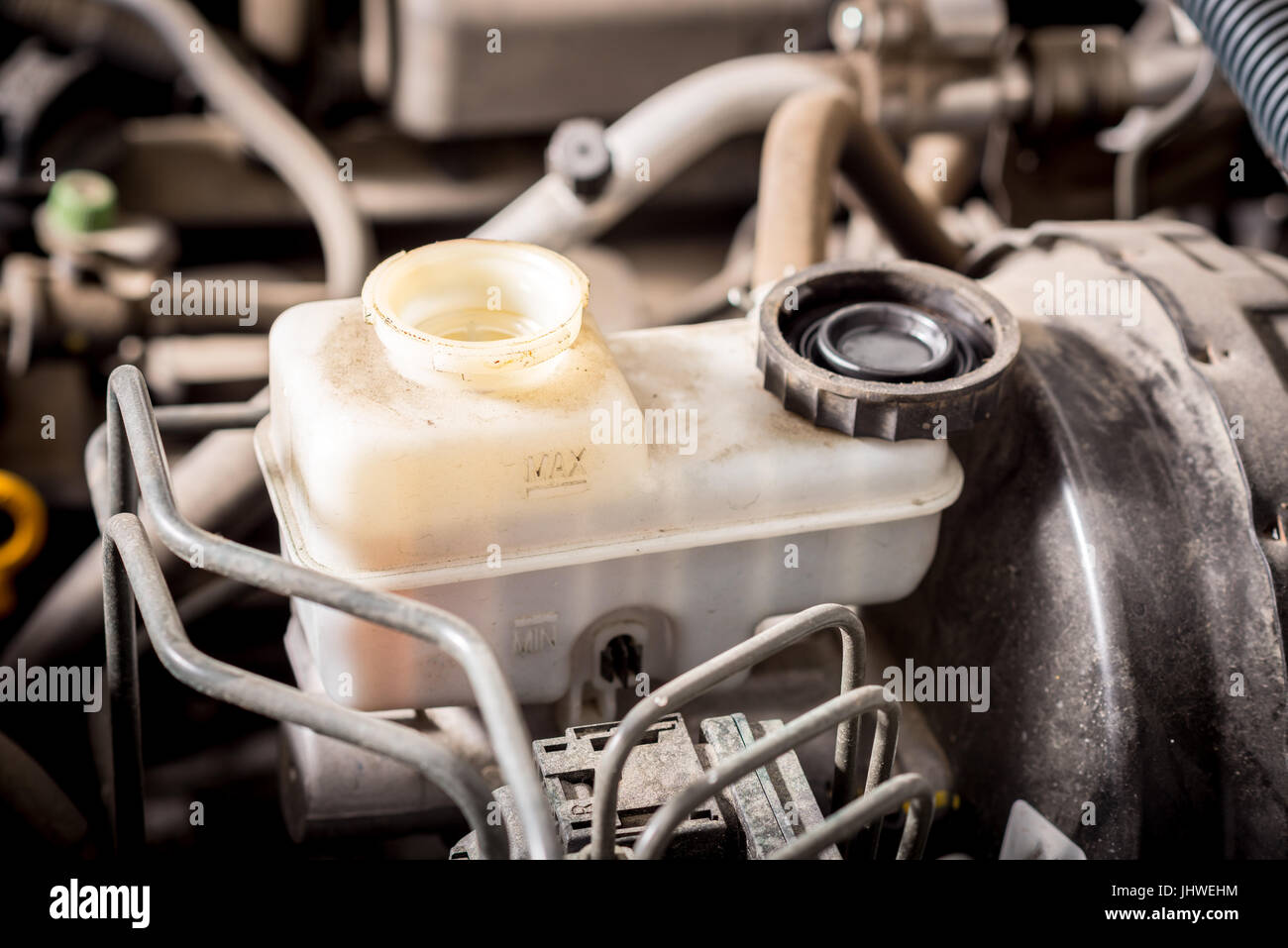 Brake fluid contain opened and ready to refill Stock Photo
