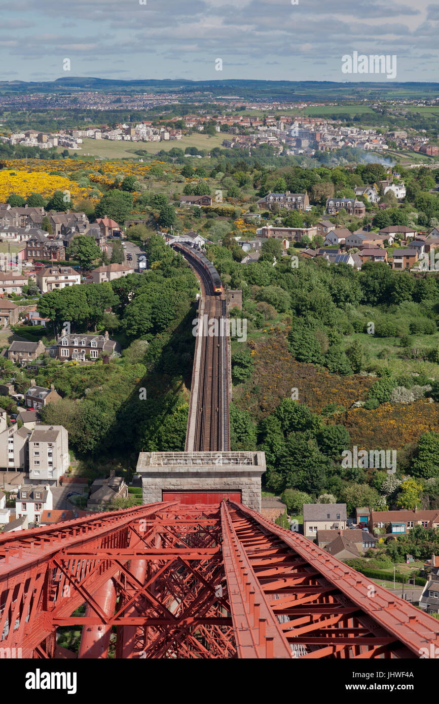 North Queensferry, The Forth Bridge (Fife) view from the top of  north cantilever as a Virgin trains east coast intercity 125 approaches Stock Photo