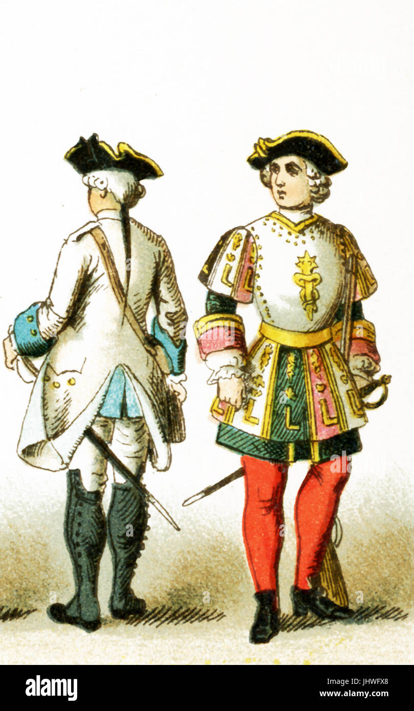 The figures represented here are French people from 1700 to 1750 A.D. They are, from left to right: a member of the regiment of Poitou and a palace guard in 1772. The