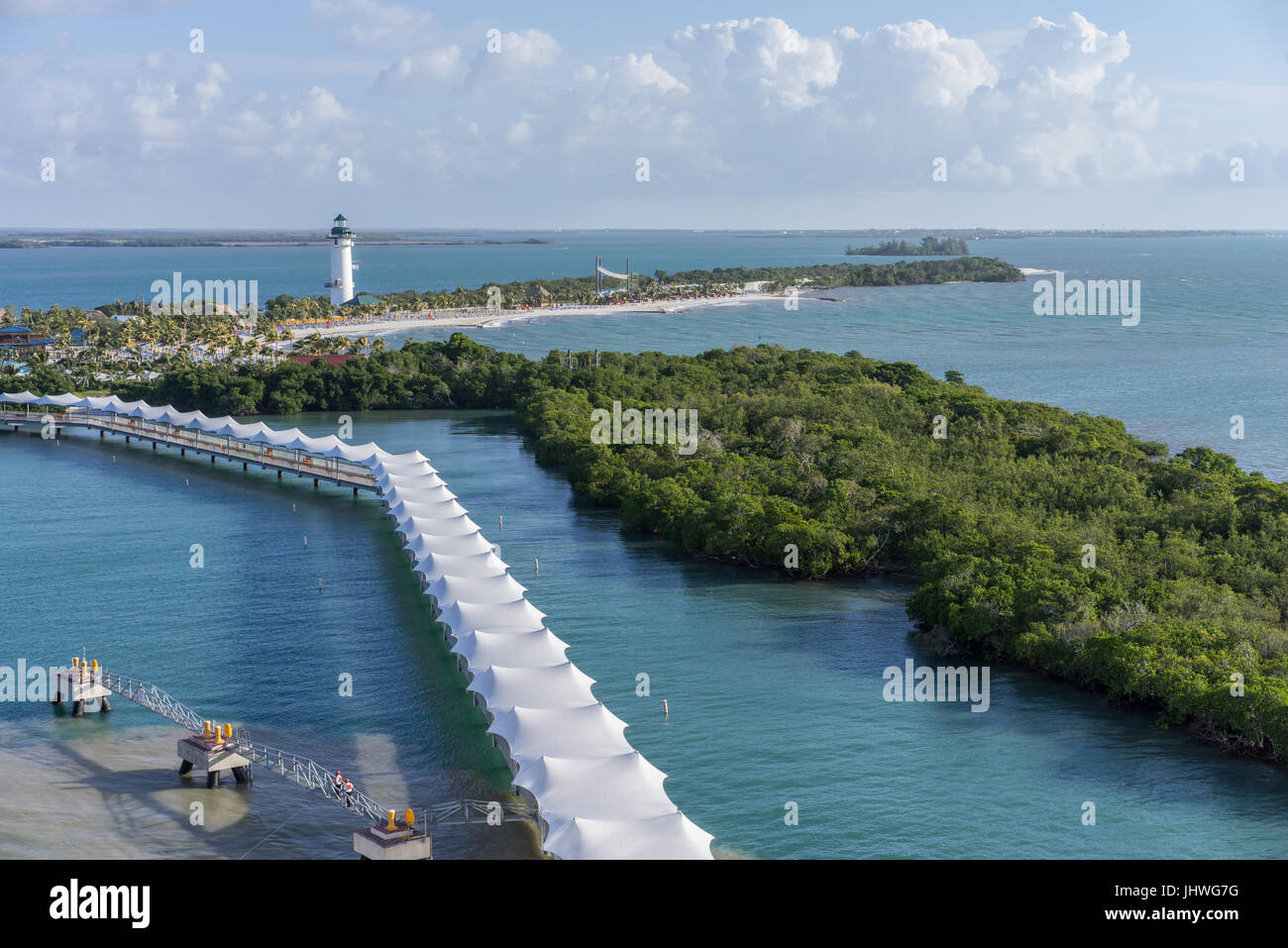 A view of the island of Harvest Kaye off the southern coast of Belize, as seen from the NCL cruise ship Getaway while docking on March 1, 2017. Stock Photo