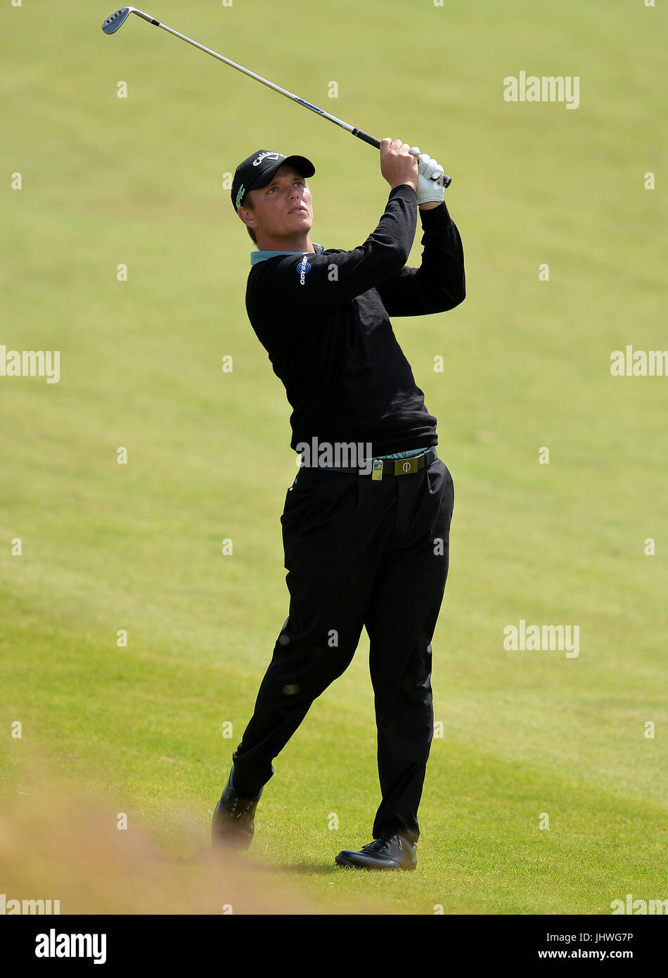 England's Callum Shinkwin plays his second shot at the 1st hole during day four of the 2017 Aberdeen Asset Management Scottish Open at Dundonald Links, Troon. Stock Photo