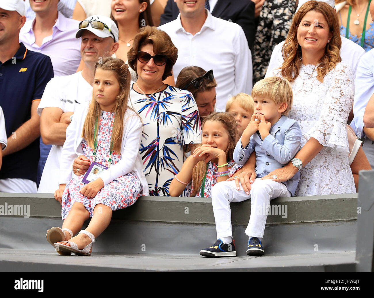 Charlene Riva Federer, Myla Rose Federer, Lenny Federer, Leo Federer, with  their mother Mirka Federer and grandmother, Lynette Federer after Roger  Federer wins the the Gentlemen's Singles Final on day thirteen of