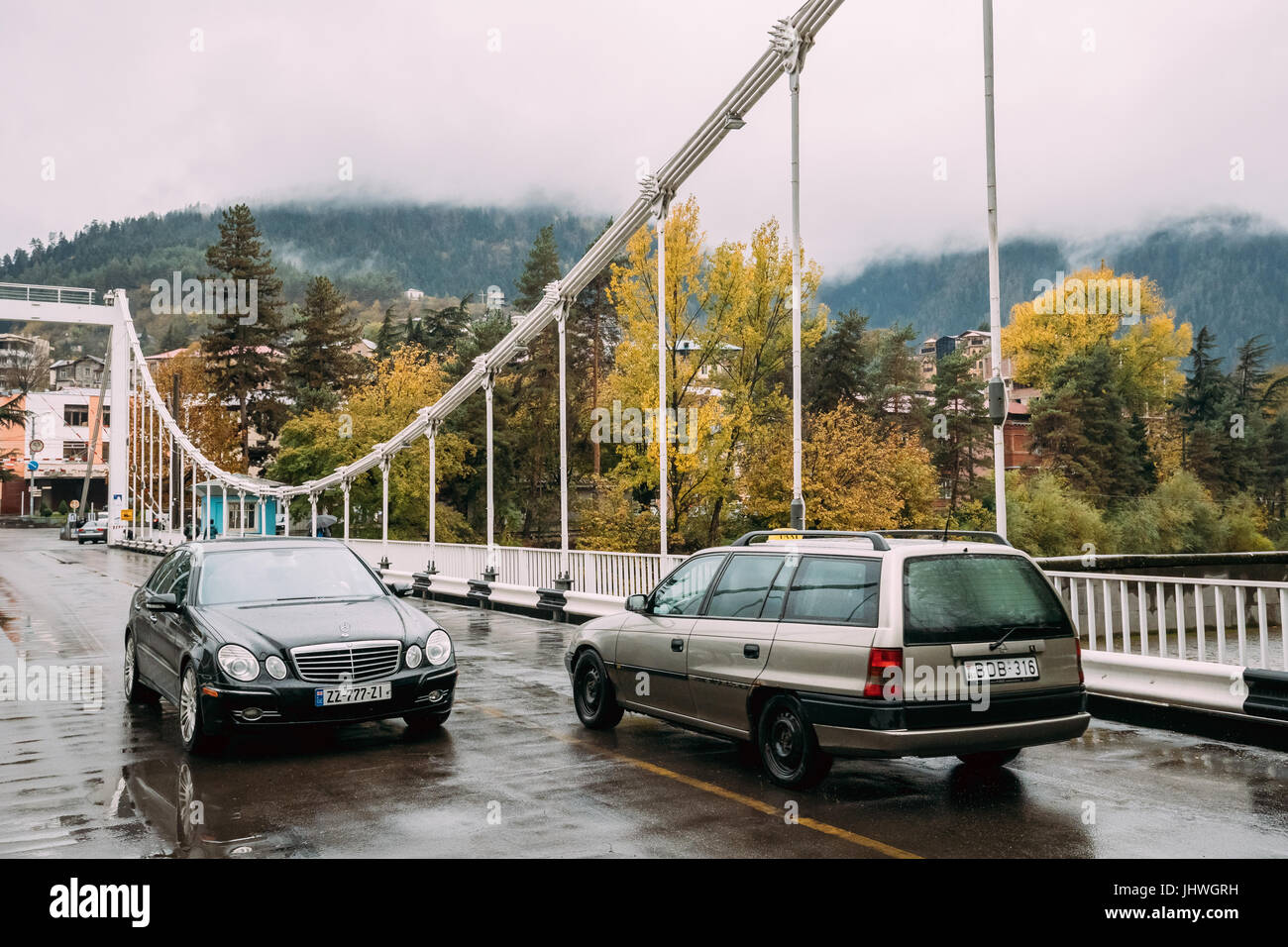 Borjomi, Samtskhe-Javakheti, Georgia - October 25, 2016: Traffic In Bridge of Beauty Over Kura River In Autumn Day Stock Photo