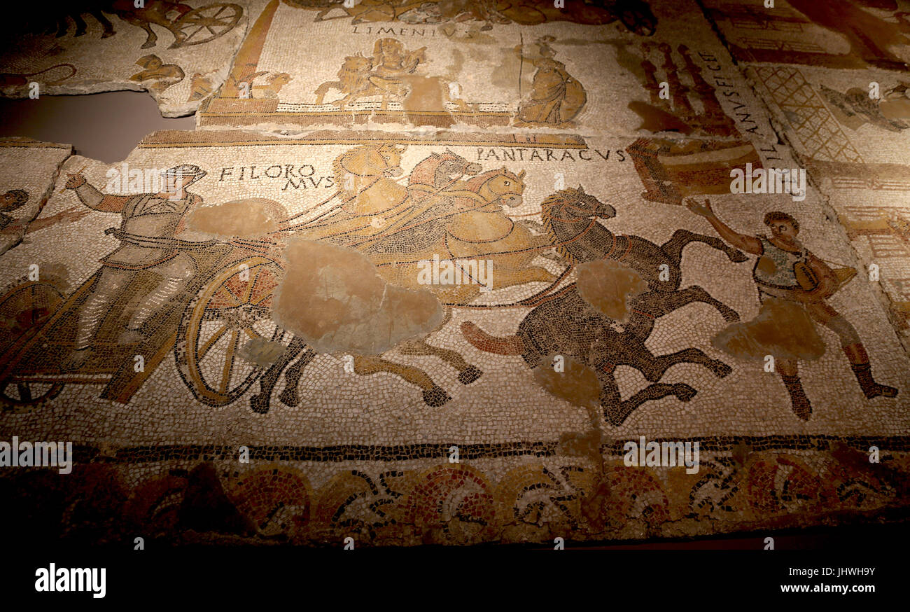 Polychrome mosaic depicting chariot races in the Circus Maximus. End of 3rd century AD. Roman villa of Can Pau Birol, Girona. Approximately 708 cm lon Stock Photo