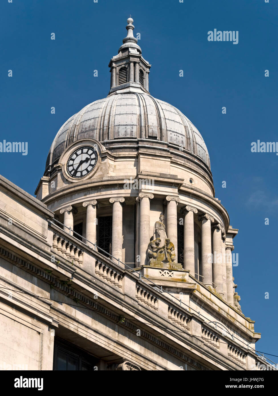 Ornate lead dome roof with ionic columns and cupola on roof of Nottingham Council House building, Nottingham, England, UK Stock Photo