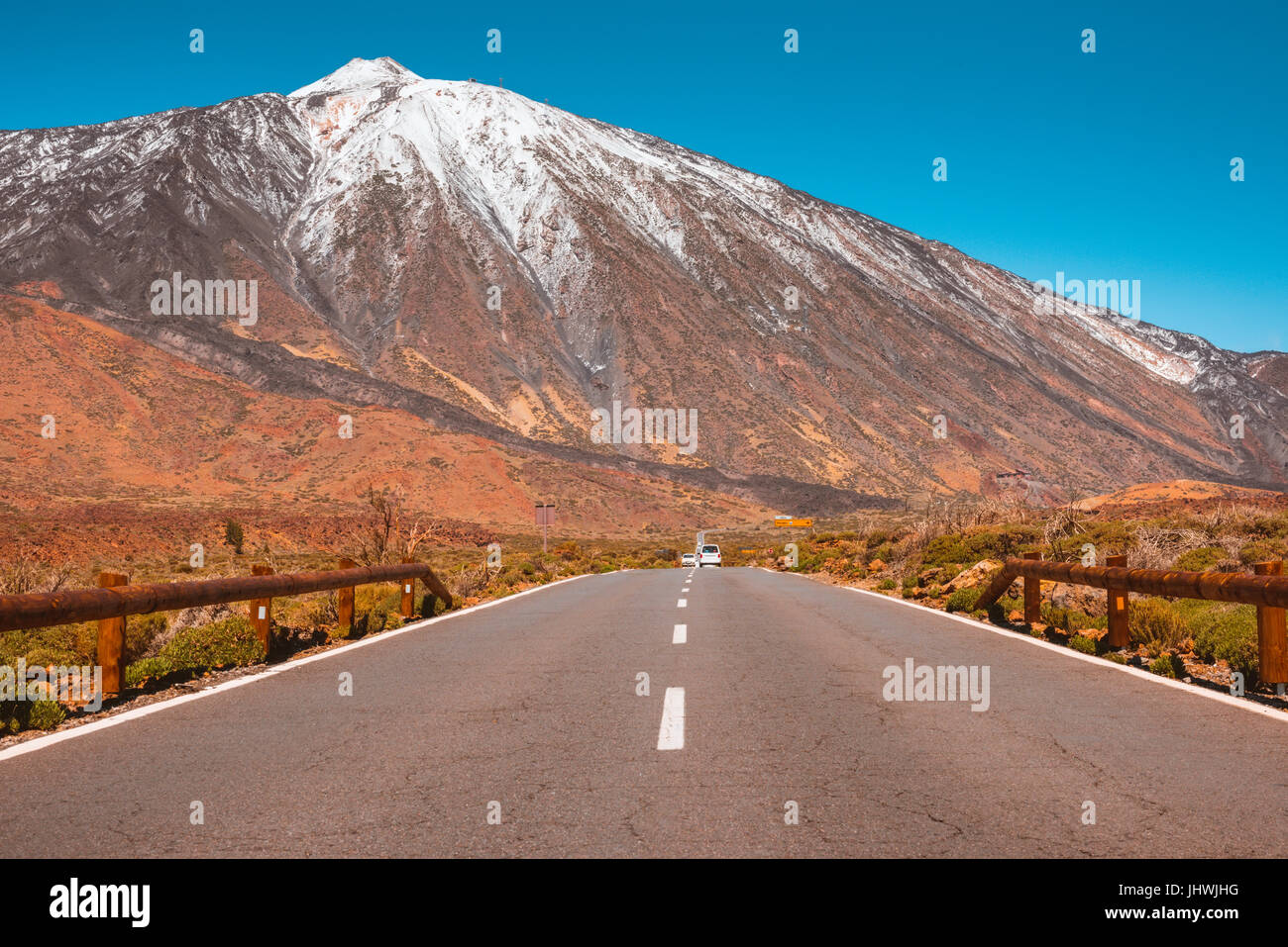 Asphalt road in volcanic desert Tenerife, Canary Stock Photo