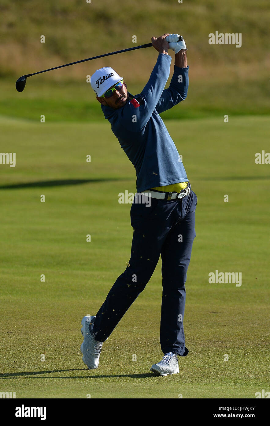Spain's Rafa Cabrera Bello, winner of the Aberdeen Asset Management Scottish Open, plays his second shot to the 17th during day four of the 2017 Aberdeen Asset Management Scottish Open at Dundonald Links, Troon. PRESS ASSOCIATION Photo. Picture date: Sunday July 16, 2017. See PA story GOLF Scottish. Photo credit should read: Mark Runnacles/PA Wire. Stock Photo