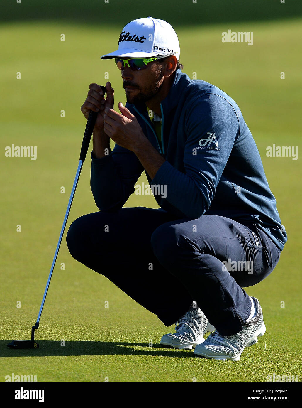 Spain's Rafa Cabrera Bello, winner of the Aberdeen Asset Management Scottish Open, looks over a putt at the 18th during day four of the 2017 Aberdeen Asset Management Scottish Open at Dundonald Links, Troon. Stock Photo