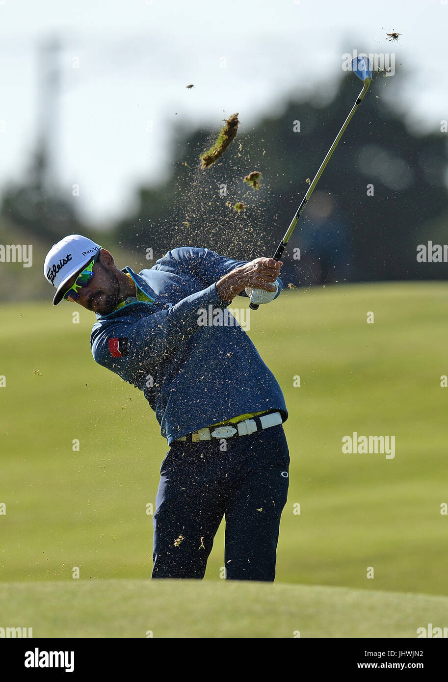 Spain's Rafa Cabrera Bello, winner of the Aberdeen Asset Management Scottish Open, plays his second shot to the 17th during day four of the 2017 Aberdeen Asset Management Scottish Open at Dundonald Links, Troon. Stock Photo