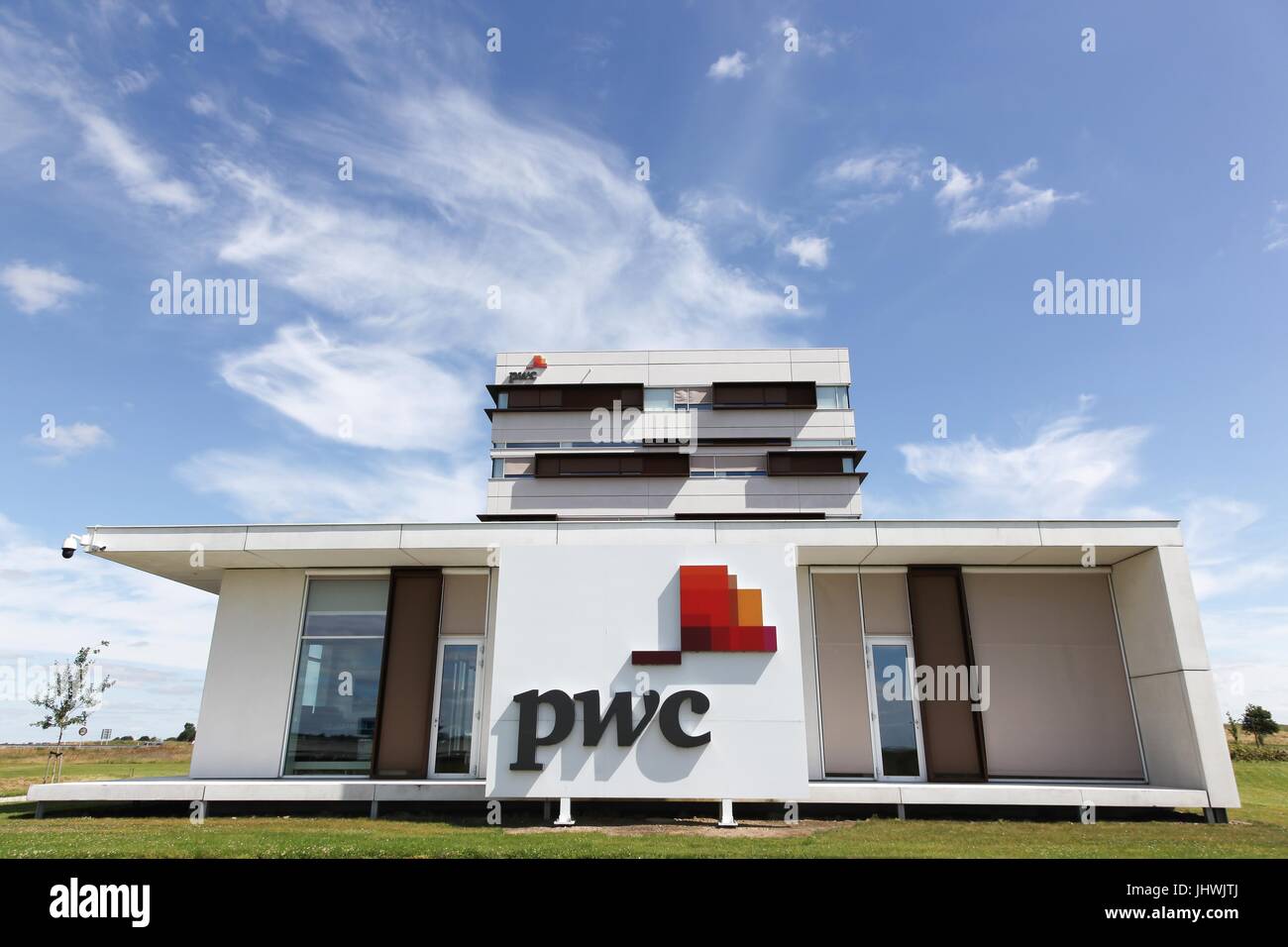 Vejle, Denmark - July 9, 2017: PricewaterhouseCoopers building. PWC is a multinational professional services network and It is the world Stock Photo
