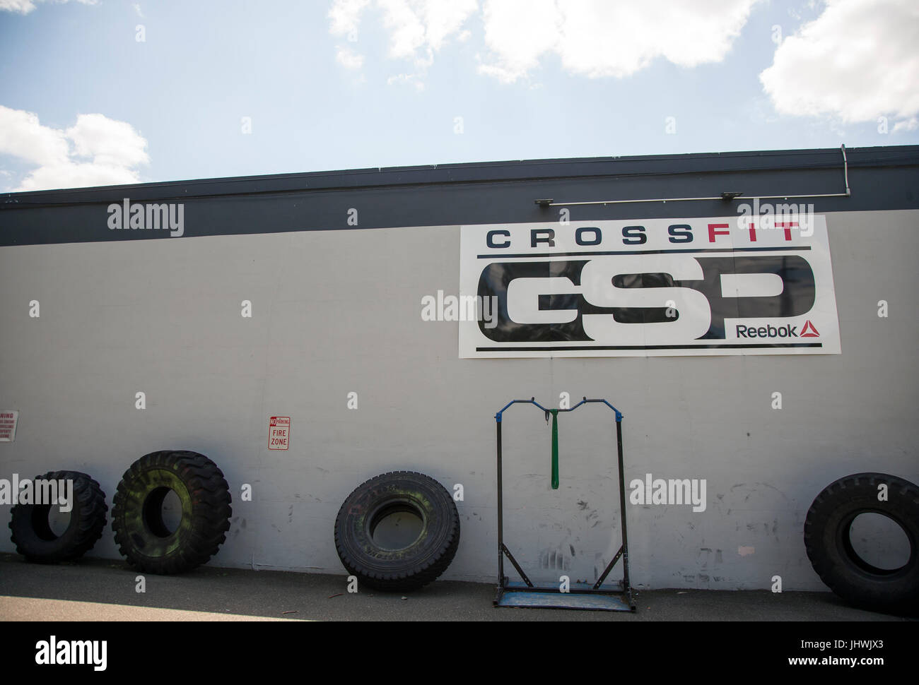 Tires in front of a Crossfit fitness center in New Jersey Stock Photo