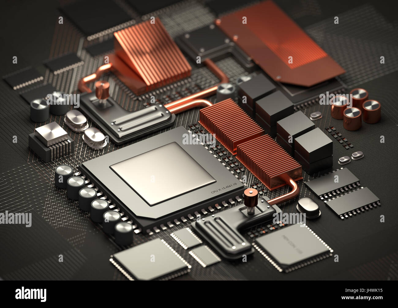 Modern Technology background.A close look at a performance computer CPU on a motherboard for processing data. 3D illustration render. Stock Photo