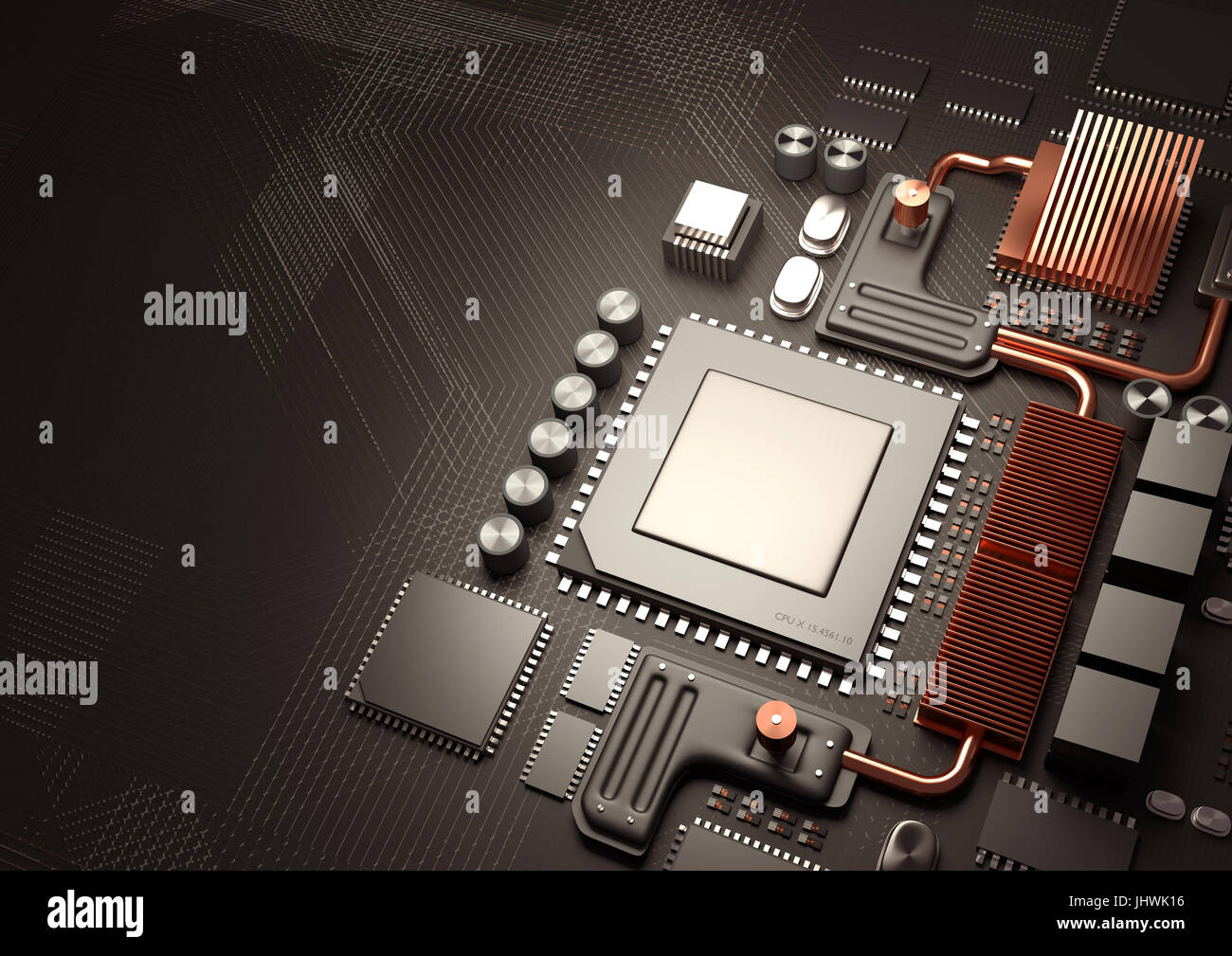 Modern Technology background.A close look at a computer CPU on a motherboard for processing data. 3D illustration render. Stock Photo