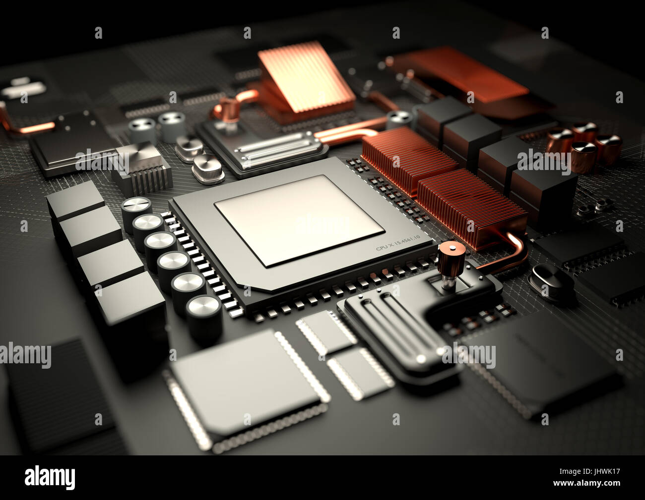 Modern Technology background.A close look at a computer CPU on a motherboard server. 3D illustration render. Stock Photo