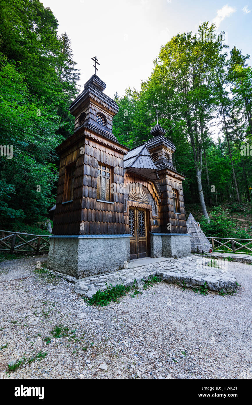 Russian chapel in Vrsic pass, Julian Alps, Slovenia. Stock Photo