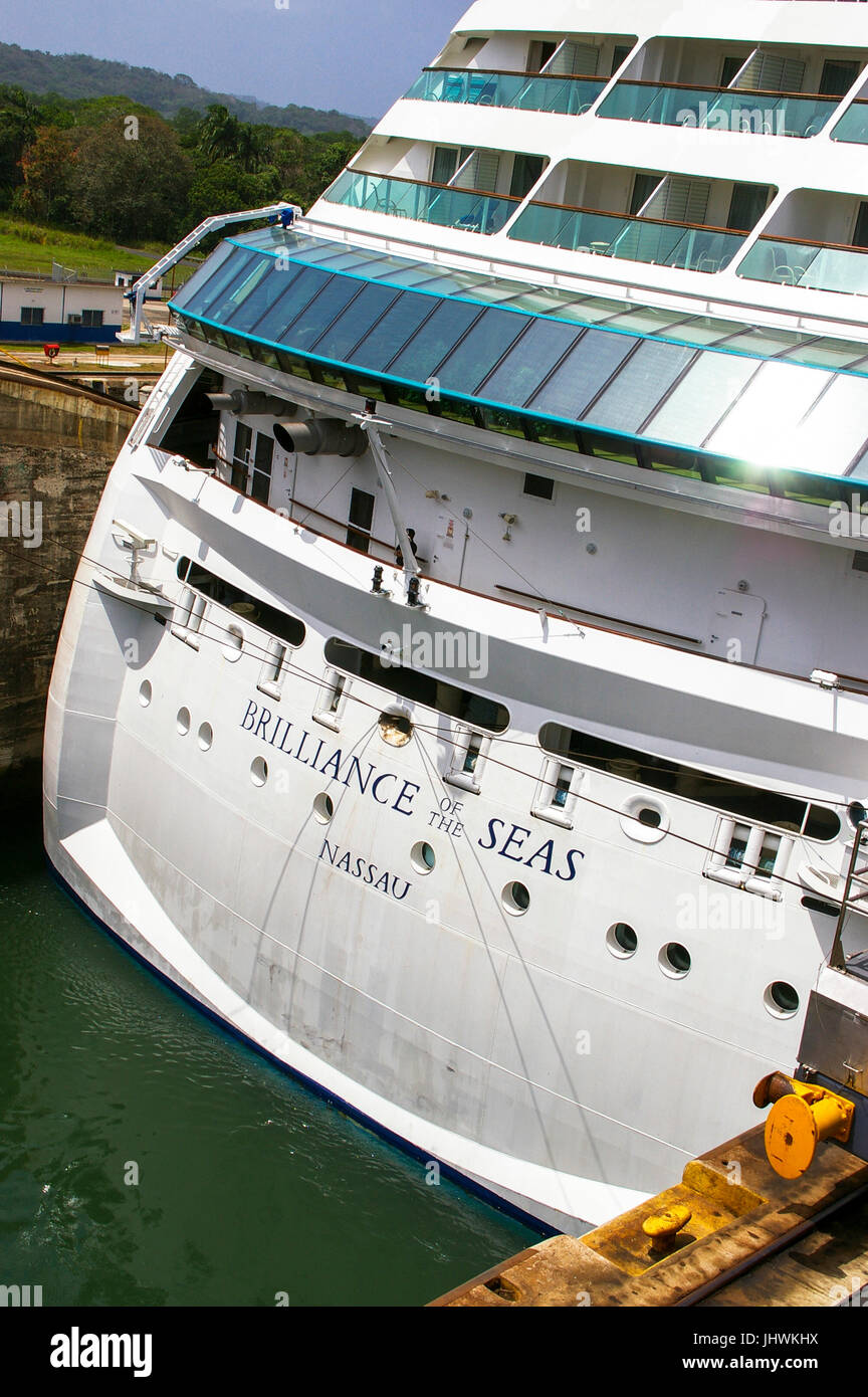 The Brilliance of the seas Cruise ship in the Gatun Locks of the Panama Canal Stock Photo