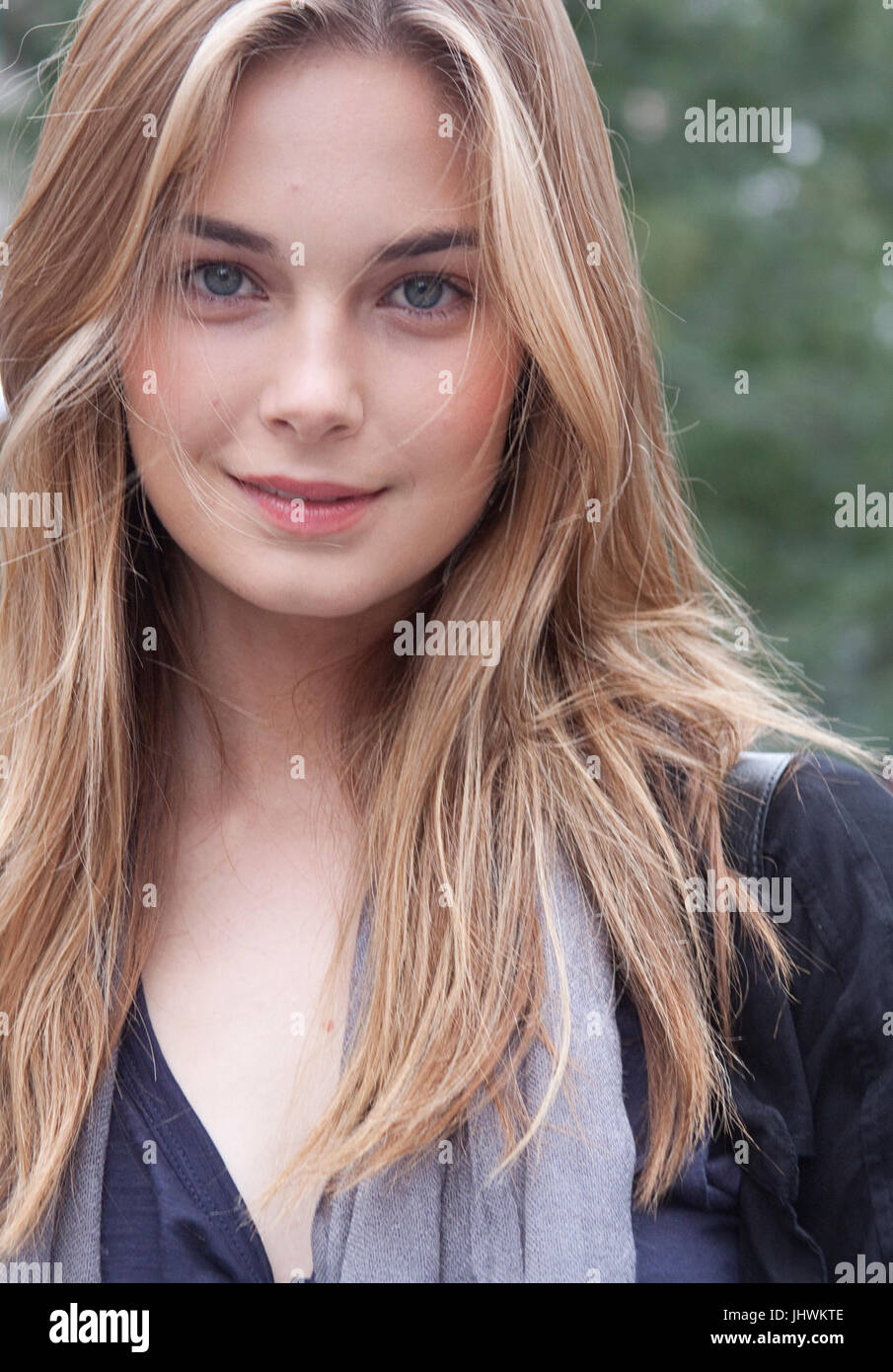 Beautiful Glowing skin Professional Makeup beauty portrait of Fashion model during New York Fashion Week Stock Photo