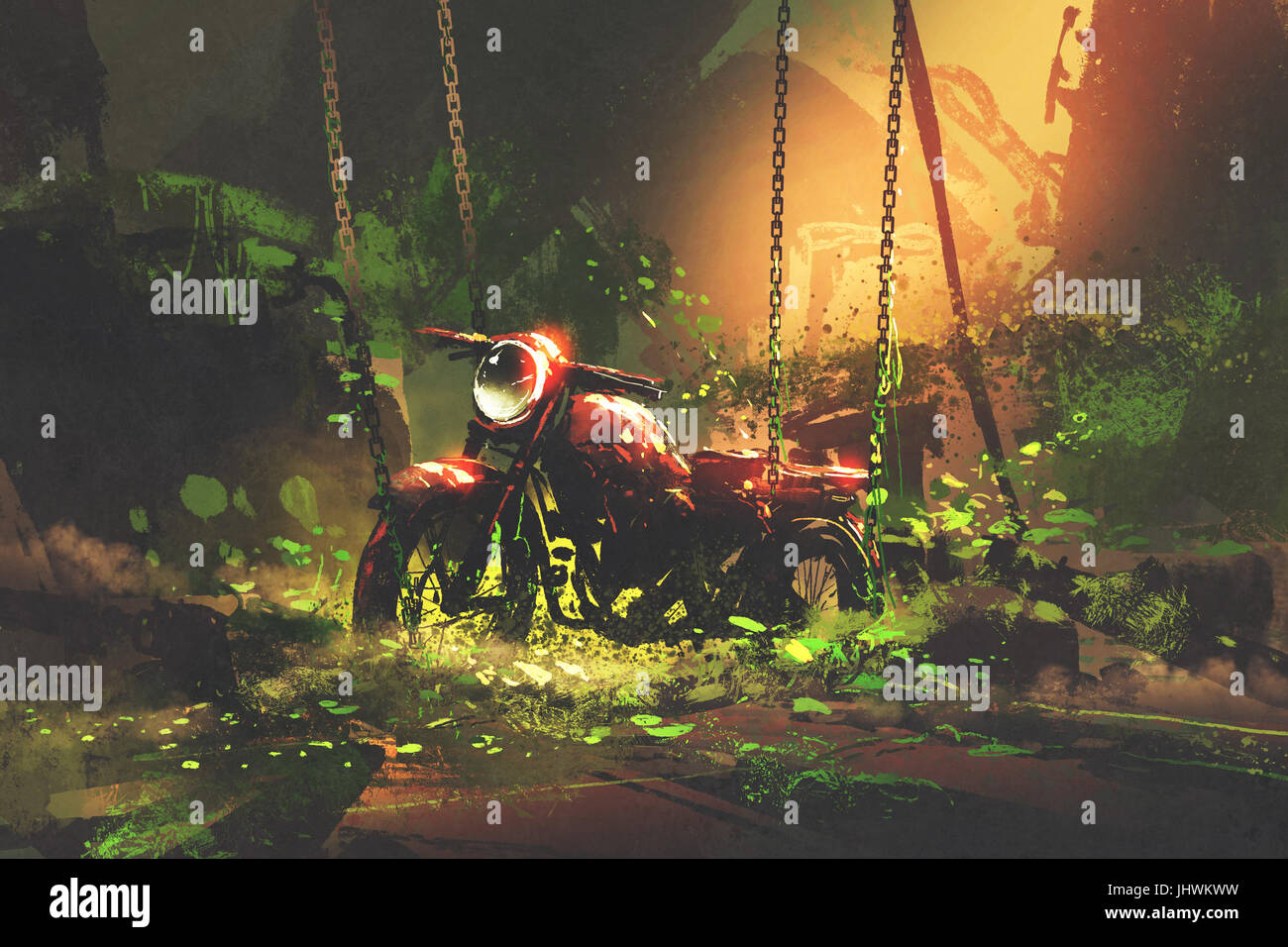 abandoned rusty motorbike in overgrown vegetation, digital art style, illustration painting Stock Photo