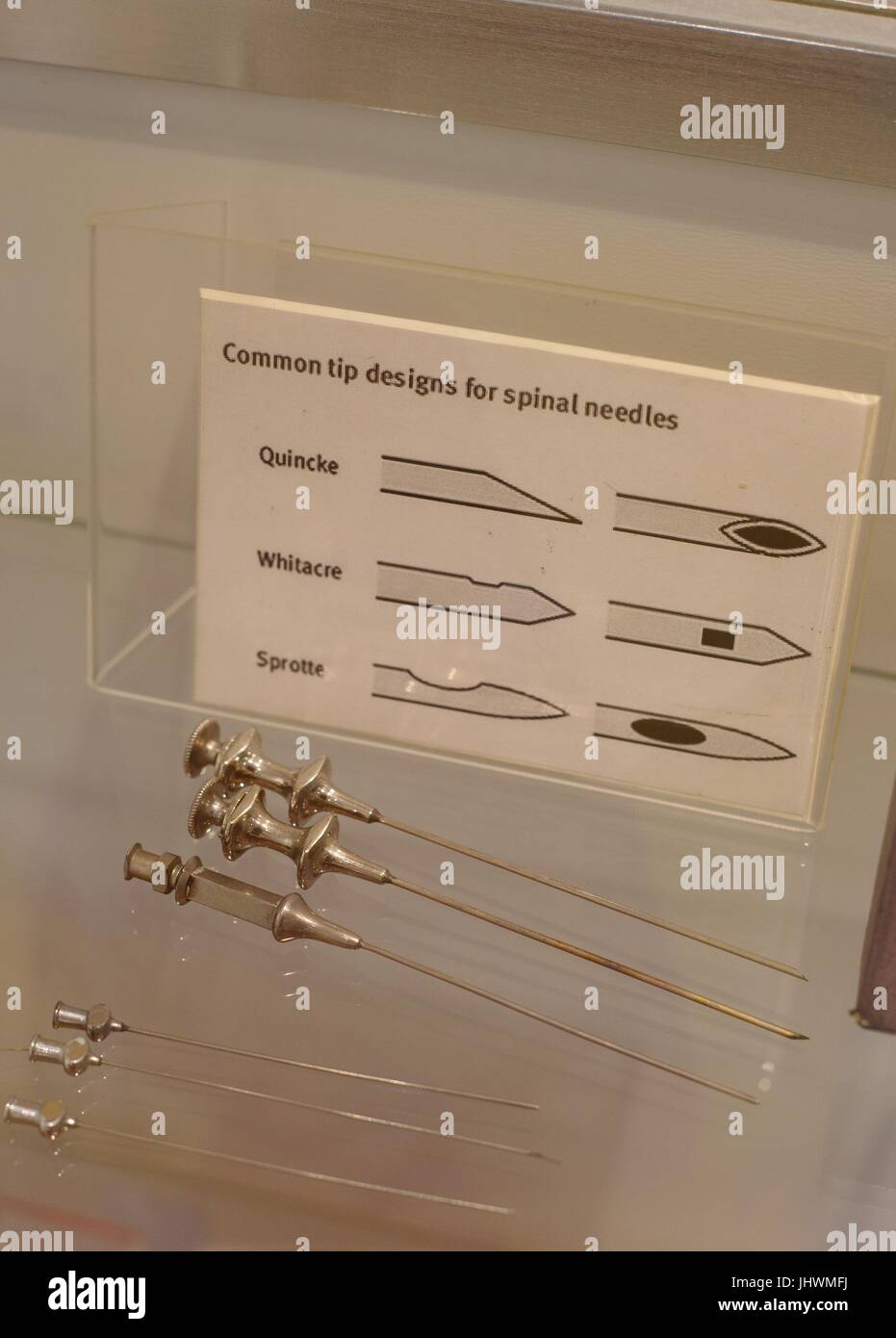 A display of spinal needles at the International Museum of Surgical Sciences in Chicago, Illinois, USA. Stock Photo