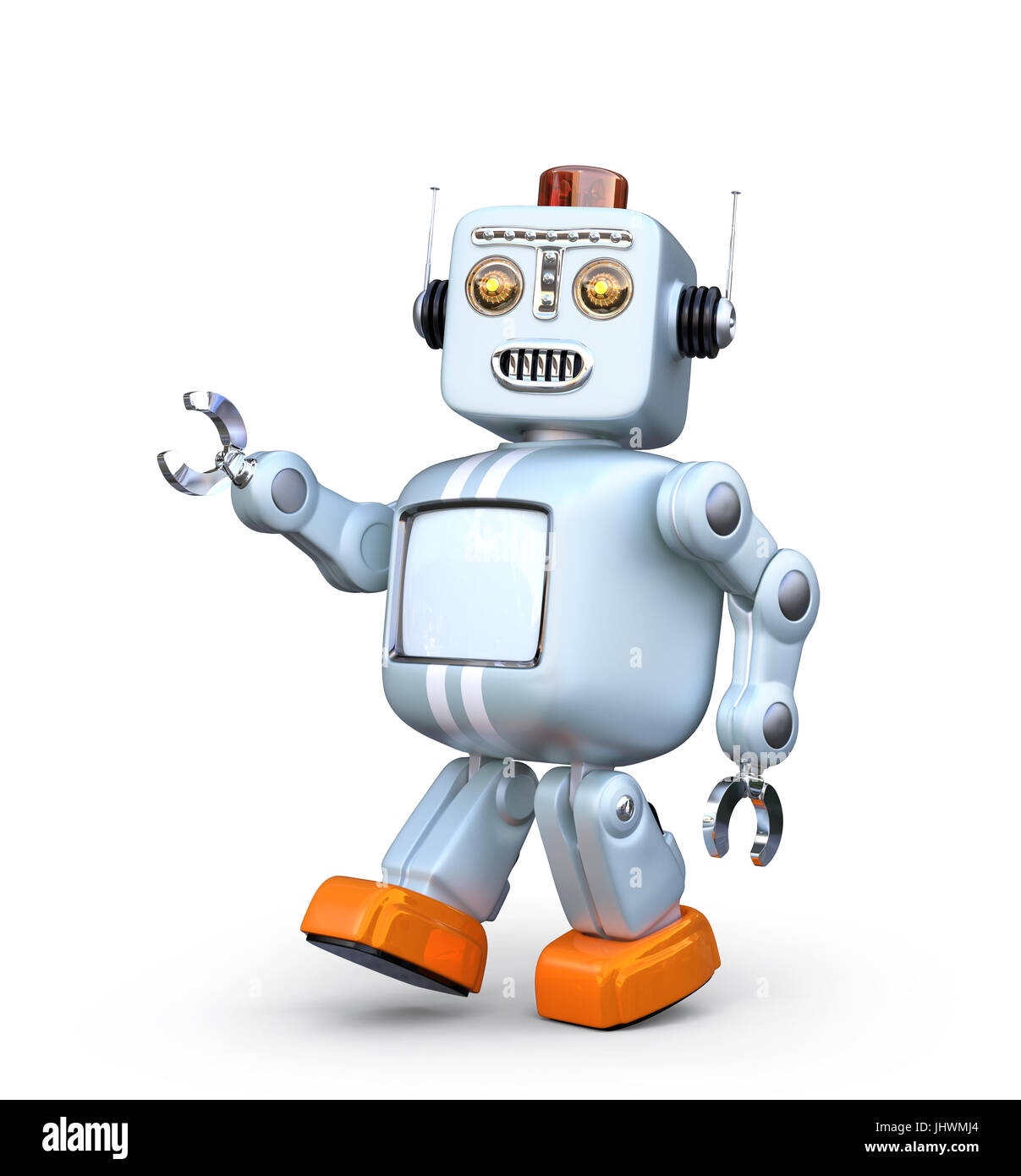 Walking retro robot isolated on white background. 3D rendering image with clipping path. Stock Photo