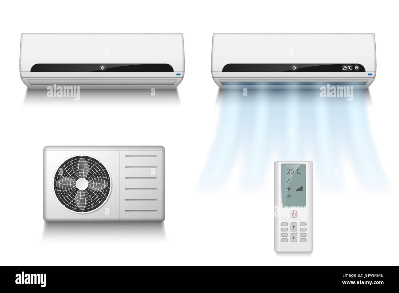 Realistic set of air conditioner with cooling and ventilation equipment isolated on white. vector illustration of air conditioner with remote control. Stock Vector