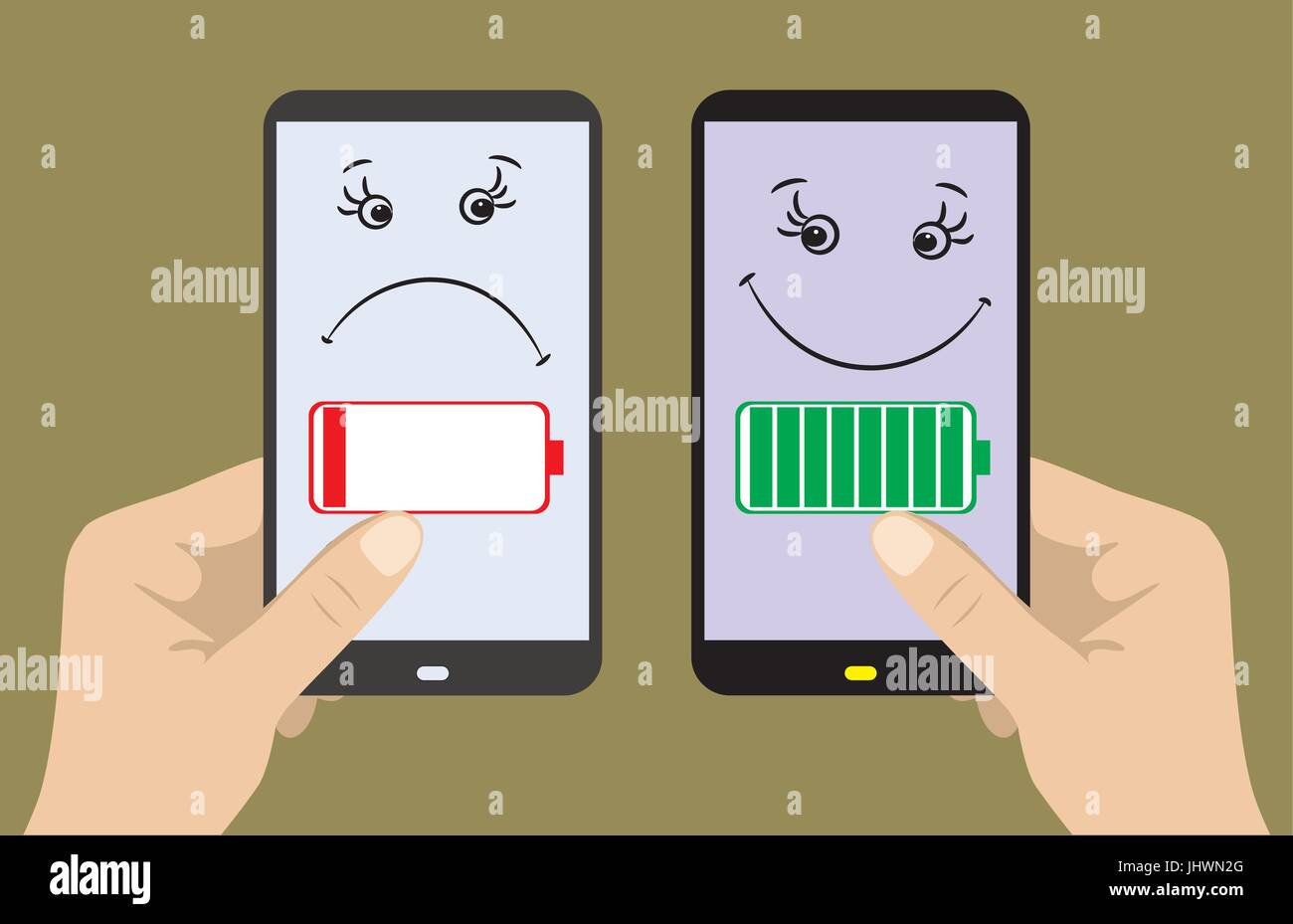 Two smart phone in his hands. One sad - discharged, the second fun - with a full charge. vector Stock Vector