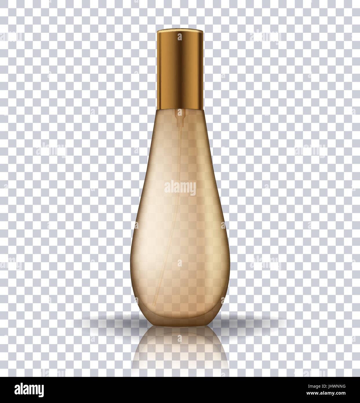 Transparent gold perfume cosmetic bottle. Realistic vector illustration of cosmetic product Stock Vector
