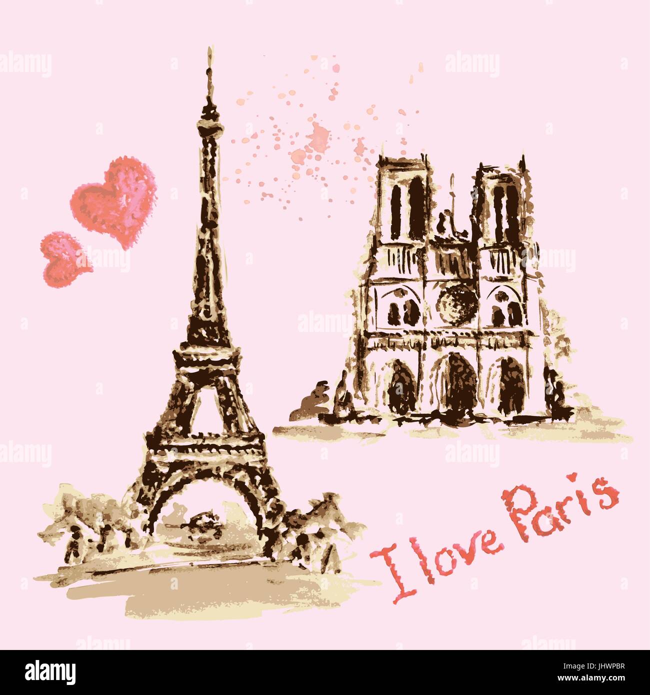 Notre Dame de Paris Cathedral, Eiffel Tower, France. Watercolor hand drawing vector illustration Stock Vector