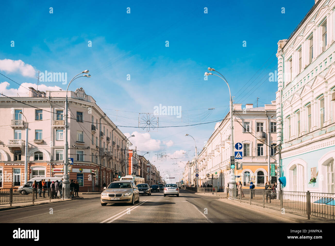 Gomel, Belarus - March 17, 2017: City Traffic In Sovetskaya Street In Sunny Spring Day Stock Photo