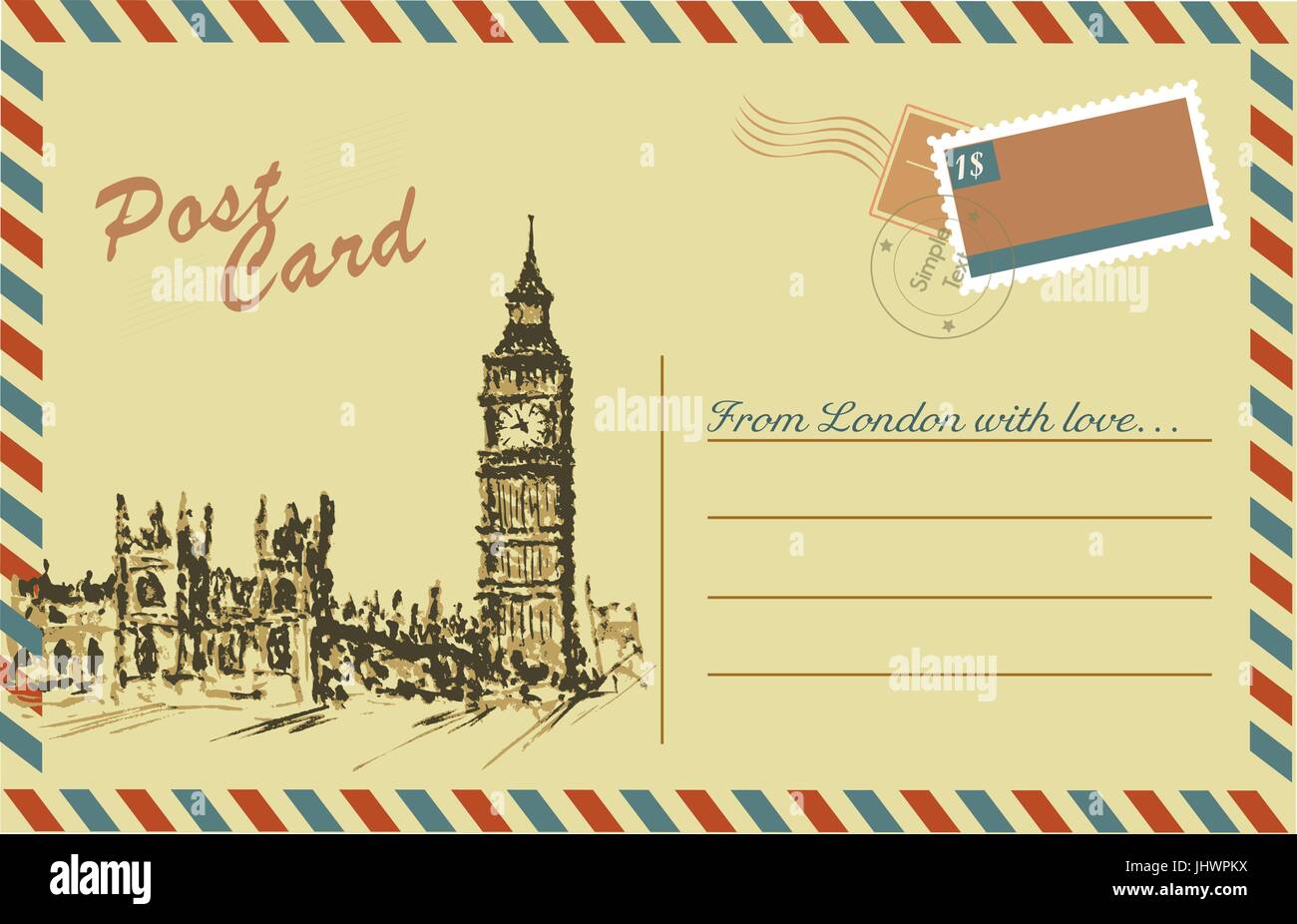 Vintage postcard with Big Ben,watercolor hand drawing,vector Stock
