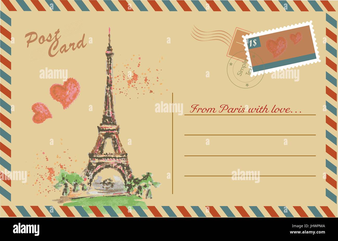 Vintage postcard with Eiffel Tower,watercolor hand drawing,vector Stock