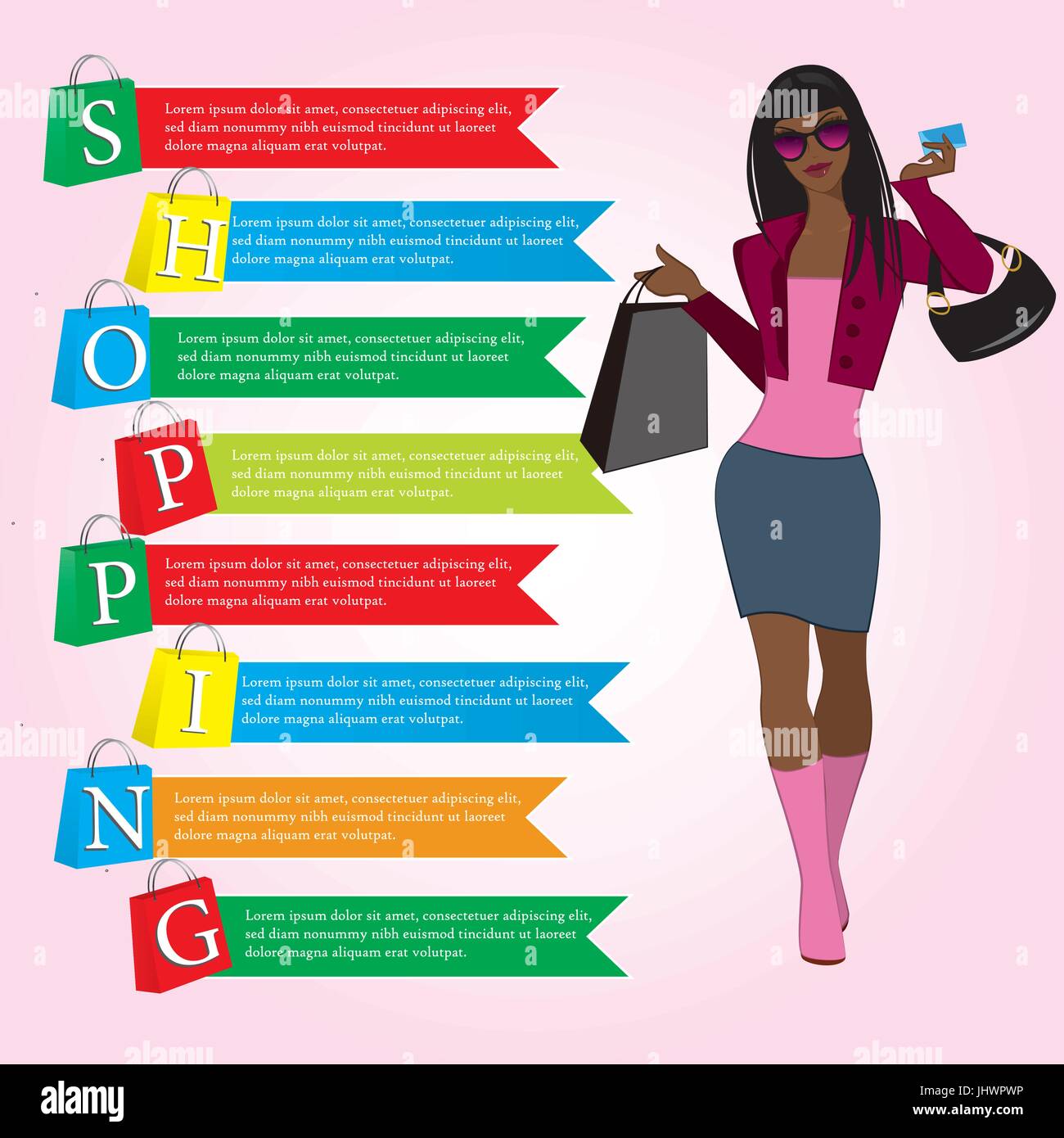 Girl with shopping bags, paper bags with the word shopping